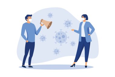 Hastalık konseptini önlemek için Coronavirus COVID-19 salgınında sosyal mesafe işareti, yüz maskesi takan insanlar virüs patojeni ile sosyal ve uzaklık tabelası taşıyorlar..