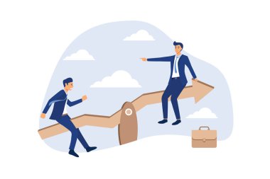 Yatırım borsası dengesizliği, yükselen finansal varlık değeri veya yükselen kar büyümesi kavramı, iş adamı tahterevalli yeşil ok grafiği yükselen diğer adamı kaldırır.