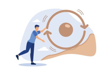 Başarının tutarlılığı, sürekli iş yapma stratejisi, kişisel gelişim veya kariyer büyüme kavramı, iş adamlarının tutarlılık çemberi sembolünü yokuş yukarı itme çabaları..