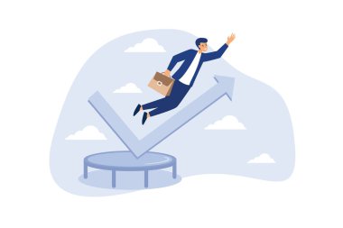 Borsa gerilemesi, iş dünyasının düşüşünün üstesinden gelmesi kar veya liderlik ve başarı kavramı, iş adamı trambolinde yükseğe zıplayan yeşil yükselen performans okları grafiğiyle yükseliyor.