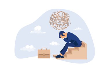 İş stresi, aşırı çalışmaktan bitap düşmüş ve çok fazla sorun ya da hayal kırıklığına uğramış ve paranoyak ofis çalışanı konsepti, hayal kırıklığına uğramış iş adamı kafasında endişe dolu bir işle.