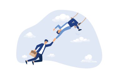 Trustworthy and honesty to believe in work together, integrity or trust for partnership, support and reliable to help success together concept, businessman acrobat hold hand tight by trusted partner.