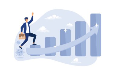 Coronavirus COVID-19 krizinden sonra ekonomik iyileşme, salgın sonrası konsept, Coronavirus patojeni üzerinde yürüyen iş adamı yatırımcı veya şirket lideri büyüme ekonomisi çizelgesi oku.