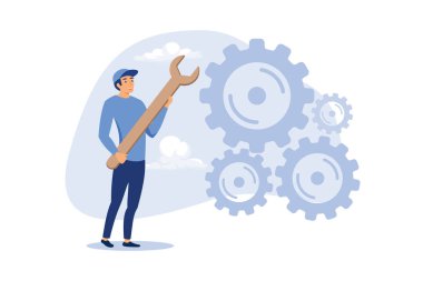 Adjustment and optimization for business improvement, change or fine tune for smooth ride, repair and maintenance service concept, businessman holding wrench to adjust gear cogwheels setting.