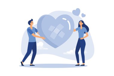 İlişkiyi uzun süre sürdürmek için bağışlayıcılık, birliktelik veya aşk çifti kavramı, mutlu erkek ve kadın, kırık kalp şeklinde bandajlı karı ve koca bağışlama sembolü.