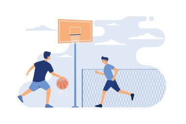 Sport games outdoors concept. Two athletic young men playing basketball in urban stadium. Guys training on outdoor court with fence in background. Can be used for match, sport activity concepts