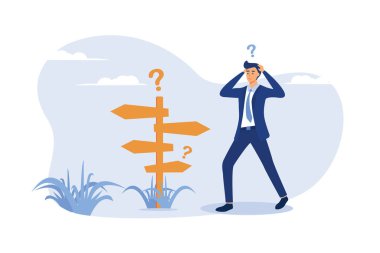 Düşünceli iş adamı karar veriyor. Takım elbiseli bir adam yol işaretlerinin önünde duruyor. Fırsat, çözüm, fikir kavramı için vektör illüstrasyonu