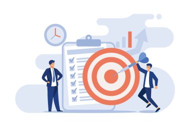 Küçük insanlar kendilerini kontrol etme sistemi geliştiriyorlar. Düz vektör çizimi. Üretken çalışmalar için hedef ve hedefe ulaşma metaforu. Zaman yönetimi ve geliştirme kavramı