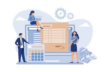 Bilgisayarda izole edilmiş düz vektör illüstrasyonunda fatura hazırlayan küçük insanlar. Çizgi film muhasebecileri KDV, maaş bordrosu ve para ödemeler hakkında raporlar hazırlıyorlar. Çevrimiçi ödeme ve muhasebe kavramı