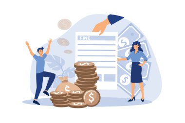 Küçük insanlar düz vektör çizimi olan kağıt çarşaf alıyorlar. Trafik faturasını, belediye vergisini ya da park ücretini ödeyen çizgi film karakterleri polisten ceza olarak. Mali malt ya da ceza kavramı