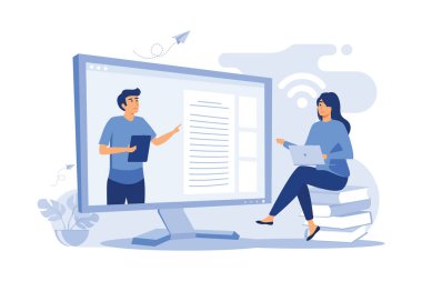 İnternette düz vektör illüstrasyonunu dinleyen kız öğrenci. Antrenmandaki, video konferansındaki ya da konferanstaki çizgi film insanları. Bilgisayar eğitimi ve eğitim kavramı