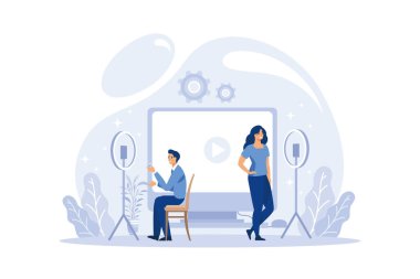 Kız ve erkek blogcular kamera vektör illüstrasyonuna kayıt yapıyor