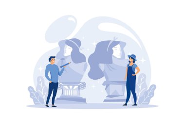 Sanat okulu eğitimi. Elinde sanat aletleri olan bir öğrenci. Çocuklara resim çizmeyi ve el işi yapmayı öğreten bir sanatçı. Resim, heykel ve el işi. İzole edilmiş düz vektör çizimi