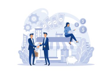 Encashment concept. Armored cash truck security. Money collecting and protection. Professional bank staff in bulletproof uniform.Flat Vector illustration design.