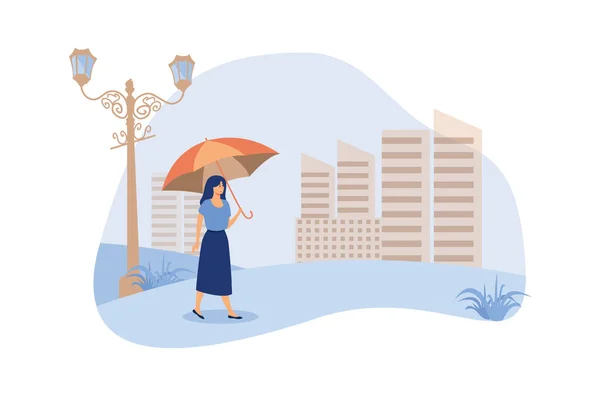 Young girl with orange umbrella flat vector illustration. Woman walking in rainy weather in park. City buildings on background. Rain season. Autumn and landscape concept.