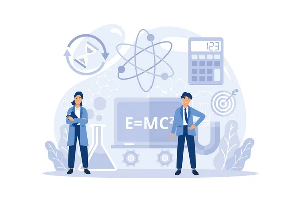 Physikschulfächerkonzept Wissenschaftler Untersuchen Elektrizität Magnetismus Lichtwellen Und Kräfte Theoretische Und — Stockvektor