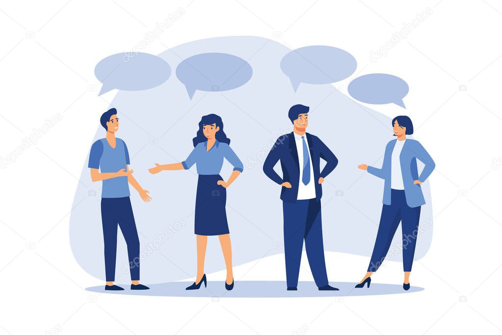 Teamwork share opinion, team meeting sharing idea to solve problem, discussion and thought in business meeting concept, businessmen and women working team speak with shared their thought speech bubble