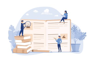 Students learning foreign language with vocabulary. Tiny people reading grammar book. Flat vector illustration for abc book, literature class, knowledge concept. flat design modern illustration
