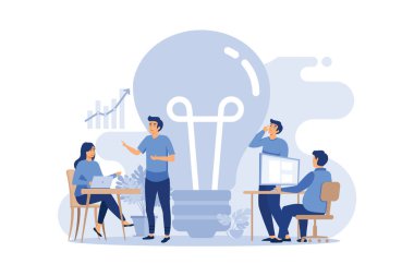 Light bulb and professional company staff working. Idea, planning, analysis concept, presentation slide template. Can be used for topics like business, management, marketing. flat design modern illustration