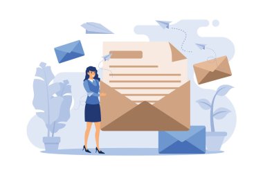 Cartoon woman holding huge envelope with letter flat vector illustration. Working process, new email message, office paper and mail delivery. Business and communication concept. flat design modern illustration