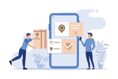 Tiny man ordering products online via smartphone. App, phone, order flat illustration. Fast delivery service and shipment concept for banner, flat design modern illustration