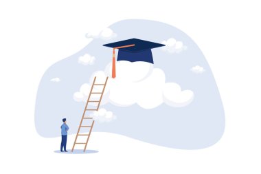 High education, cost and expense to graduate high degree education concept, graduation cap on high cloud with ladder. flat design modern illustration