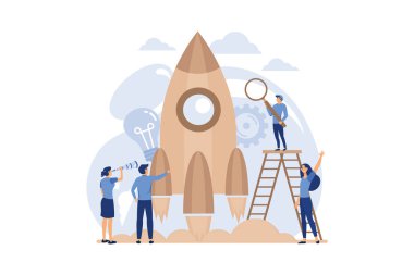 people grow potted plants, a metaphor for the birth of a creative idea. business concept analysis. graphic design idea of project activity. flat design modern illustration