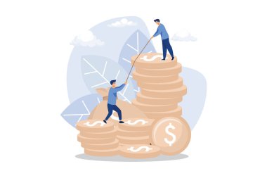 Man helping another climb to the top of coins, investment management, career growth to success, support and motivation, teamwork, business analysis, flat design modern illustration