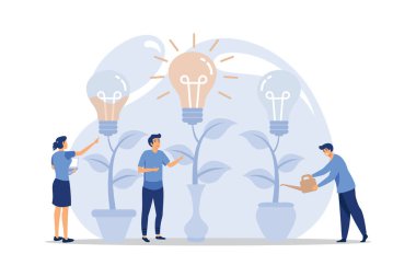 people grow potted plants, a metaphor for the birth of a creative idea. business concept analysis. graphic design idea of project activity. flat design modern illustration