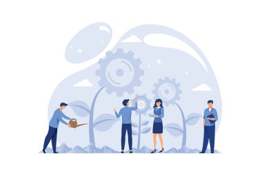 Flat vector illustration, teamwork on finding new ideas, little people launch a mechanism, search for new solutions, creative work vector. flat design modern illustration