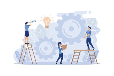 teamwork on finding new ideas, little people launch a mechanism, search for new solutions, flat design modern illustration