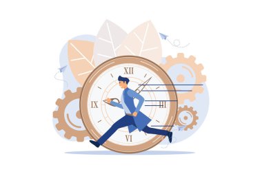 work time management concept, quick response, people rush to do everything at work, time is running out, rewind time. flat design modern illustration