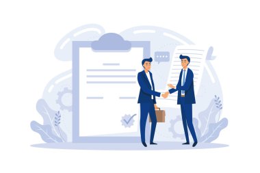 Business contract illustration. Characters signing legal document, electronic contract or agreement online. People reading contract terms and conditions.