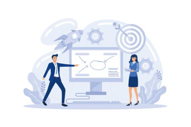 Creative Process. Marketing specialist design unique company presentation and creative identity. Brand recognition as part of marketing strategy. Flat vector illustration