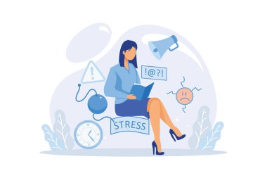 Vector illustration for stress at work, workaholic, busy office employee concept
