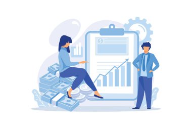 Money investing, financiers analyzing stock market profit. Portfolio income, capital gains income, royalties from investments concept.