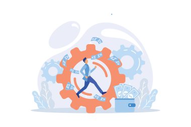 Active income, getting wages for work, increase profit. Man works, earns salary at paid job. Businessman stands with shovel and digs out money.