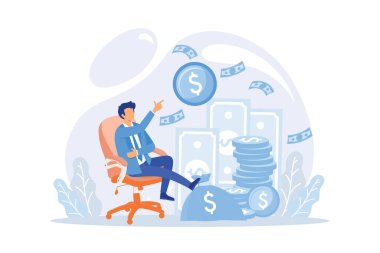 Passive income, salary and profits concept, a man relaxes waiting for the money to enter his dollar bag.