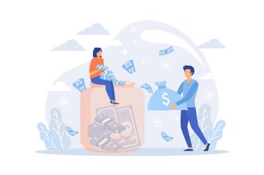 Hesap kavramı metaforu kaydediliyor. Bozuk paraları ve kumbarası olan insanlar. Para birikimi, zenginlik, pasif gelir. Güvenli bir gelecek. Bankacılık hizmetleri, internet ödemeleri düz vektör modern illüstrasyon