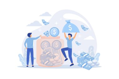Hesap kavramı metaforu kaydediliyor. Bozuk paraları ve kumbarası olan insanlar. Para birikimi, zenginlik, pasif gelir. Güvenli bir gelecek. Bankacılık hizmetleri, internet ödemeleri düz vektör modern illüstrasyon