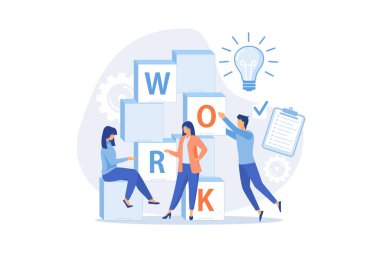 Takım çalışması online, ortak hedefler. İş toplantısı başarılı takım çalışması konsepti. İş adamı ve kadın karakterler iletişim, işbirliği, tartışma, modern illüstrasyon.