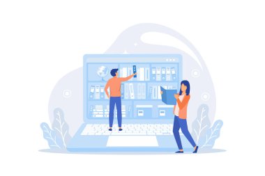 Sanal e-kütüphane web sitesindeki insanlar düz vektör illüstrasyonunun şablonunu çıkarıyorlar. Dijital kitaplıklar, çevrimiçi okumalar, kitapçı, edebiyat üniversitesi konsepti. modern düz resimleme
