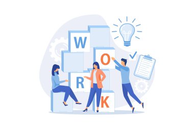 Takım çalışması online, ortak hedefler. İş toplantısı başarılı takım çalışması konsepti. İş adamı ve kadın karakterler iletişim, işbirliği, tartışma, modern illüstrasyon.