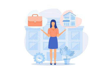 Dengeli iş ve aile işi ve yaşam dengesi, mutlu aile, iş yapan anne, evde baba, ofiste çocuklar, zaman yönetimi, serbest vektör Modern illüstrasyon