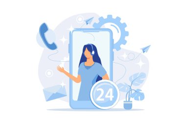 Çevrimiçi asistan, destek ekibi, bizimle iletişime geçin, web sitesi ögesi, menü çubuğu, sohbet botu, bağlantı kur, müşteri problem çözme, yardım hattı düz tasarım modern illüstrasyon