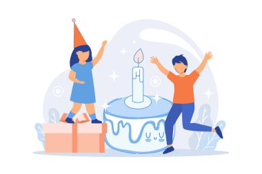 Çocukların doğum günü partisi fikirleri, kapalı mekan, eğlence, çocuk kutlaması, çocuk parkında palyaço, ebeveyn istirahatı, düz tasarım modern illüstrasyon.