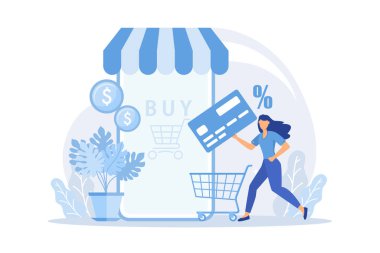 Mobil temelli pazar yeri mobil alışveriş, e-mağaza uygulaması satın alma, e-ticaret uygulaması, çevrimiçi pazar yeri, akıllı telefon düz tasarım modern illüstrasyonla ürünler satın alma