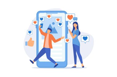 Sevmeye bağımlı bağımlılığı seviyor, bağımlılık, sosyal medya çılgınlığı, selfie bağımlılığı, paylaşım fotoğrafları, özgüven sorunu düz tasarım modern illüstrasyon