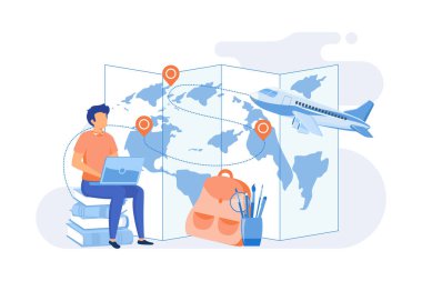 Uluslararası edu turizmi, yurtdışında eğitim, öğrenim, değişim öğrencisi, tatil, havaalanı dairesi tasarımı modern illüstrasyon grubu