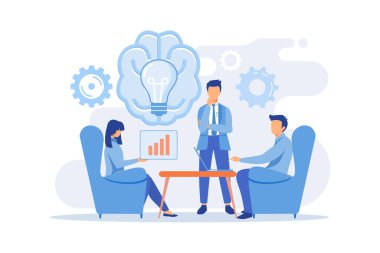 Takım çalışması, beyin fırtınası araçları, fikir yönetimi, yaratıcı takım, çalışma süreci, çözüm bulma, başlangıç işbirliği düz tasarım modern illüstrasyon